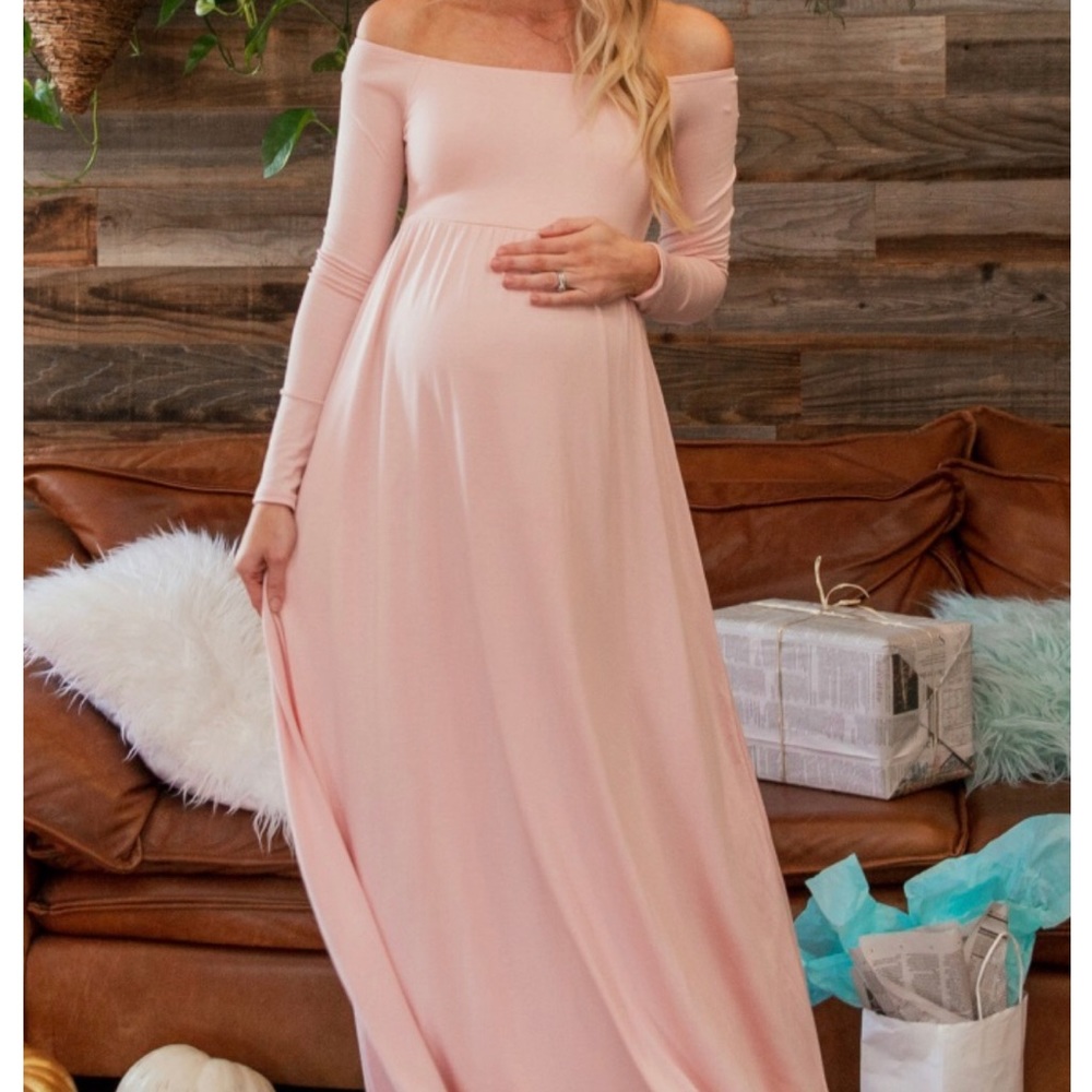 Pink Solid Off Shoulder Maternity Maxi Dress